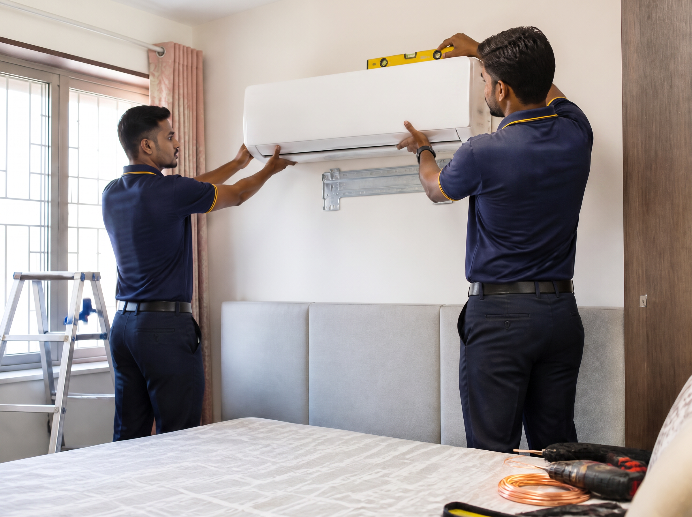 Two technicians levelling and mounting a new split AC indoor unit