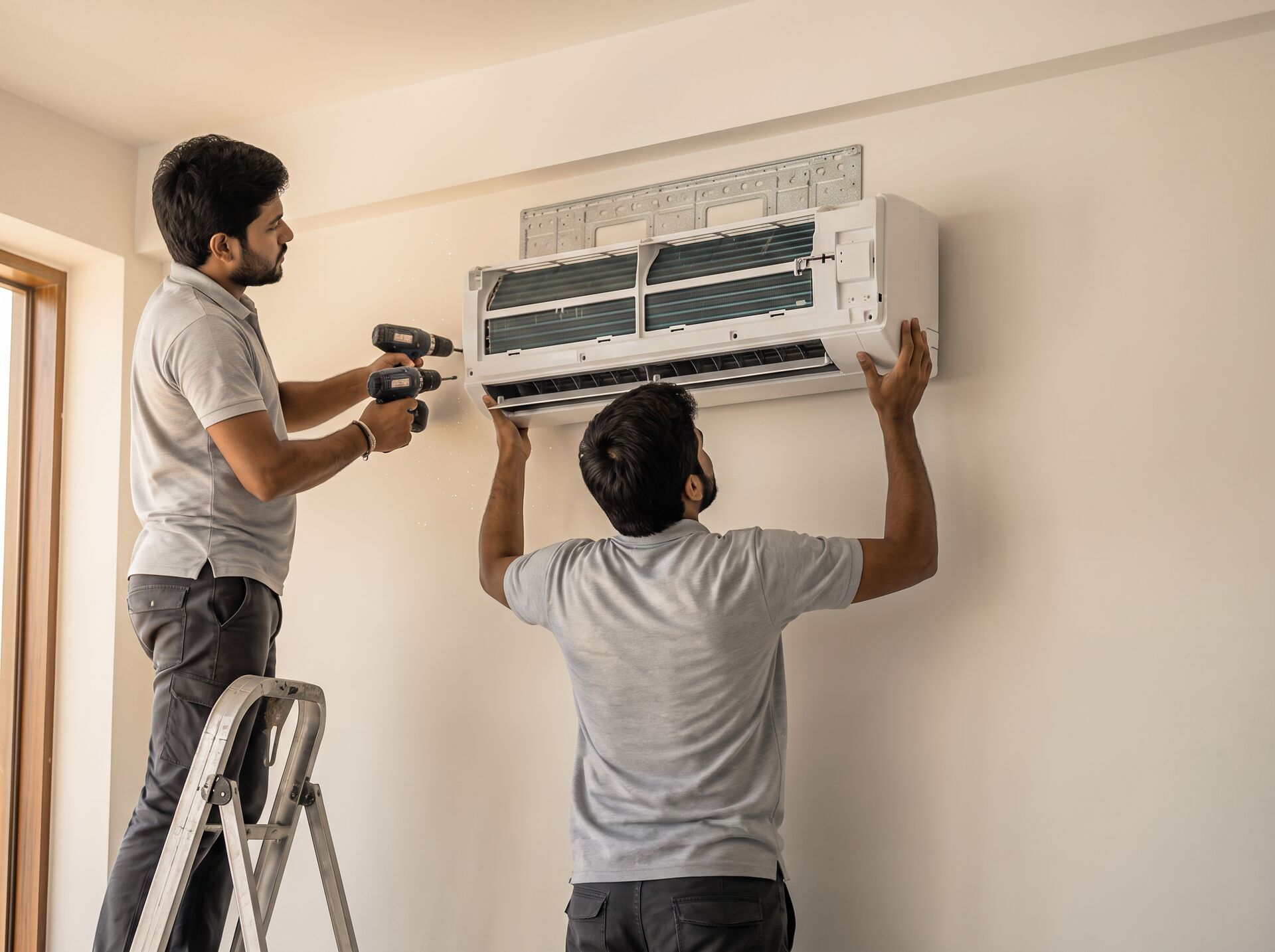 Air Genie technicians installing a split air conditioner unit