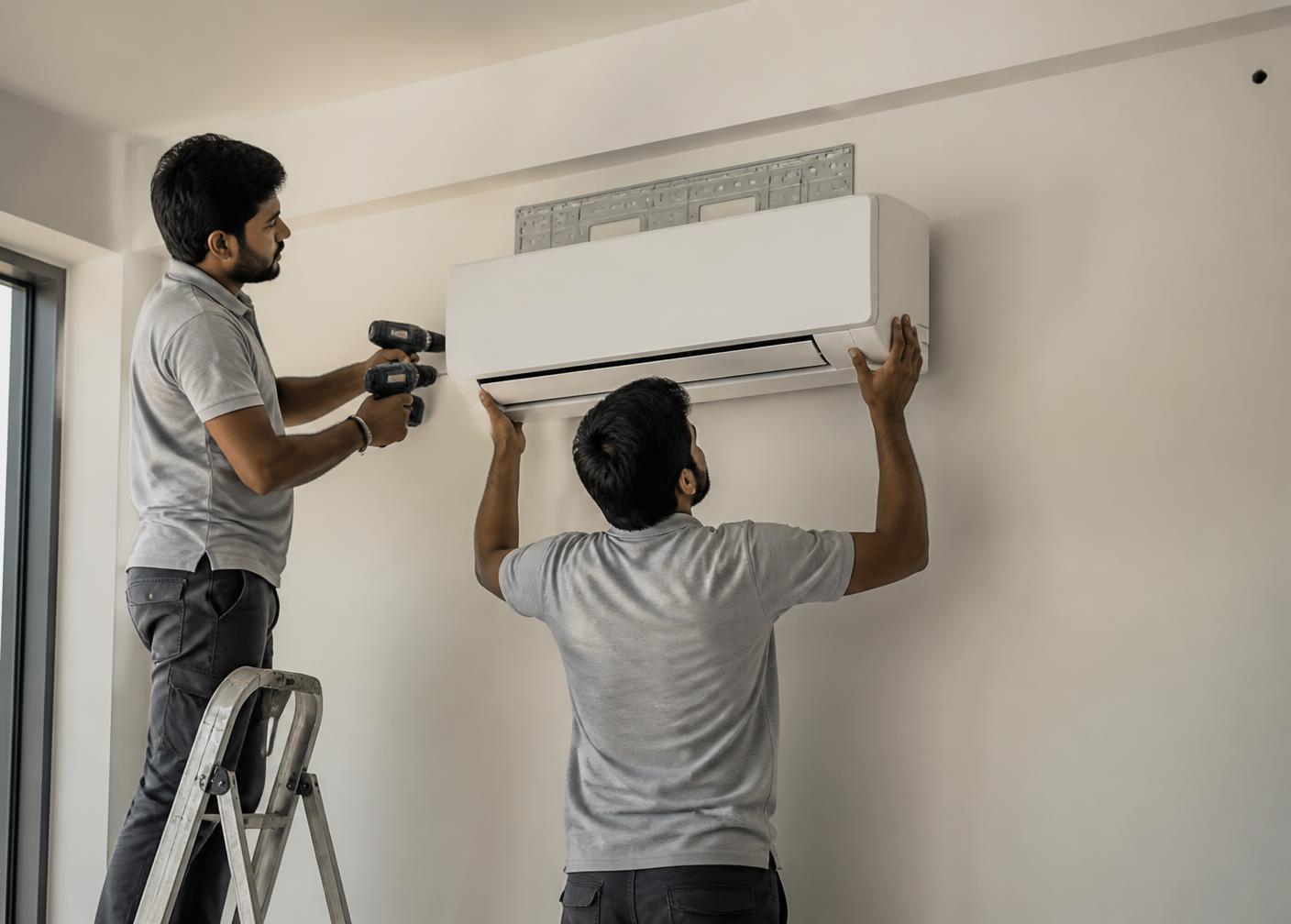 Air Genie technicians installing a split air conditioner unit