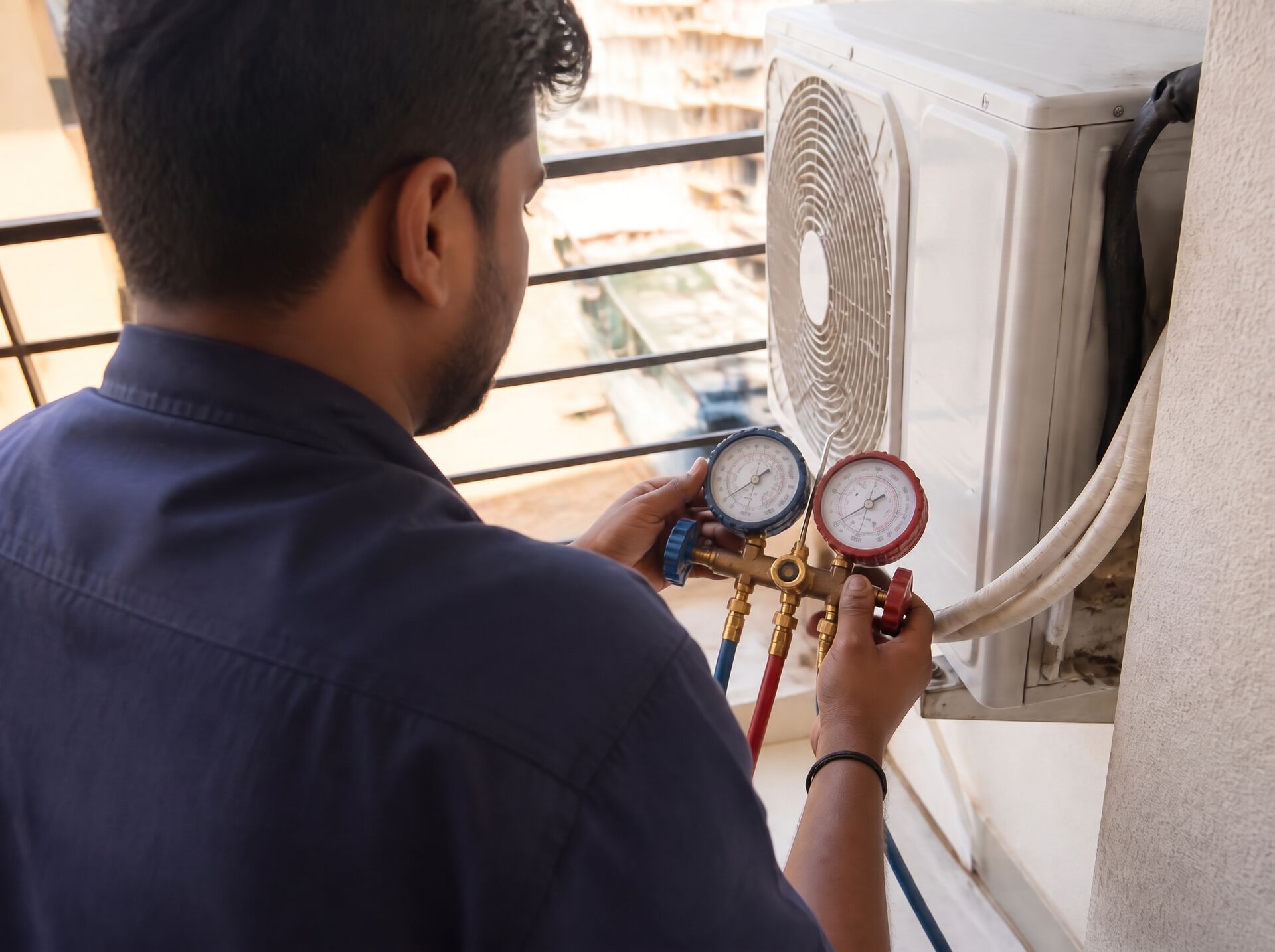 Technician checking AC gas pressure with a gauge manifold on an outdoor unit
