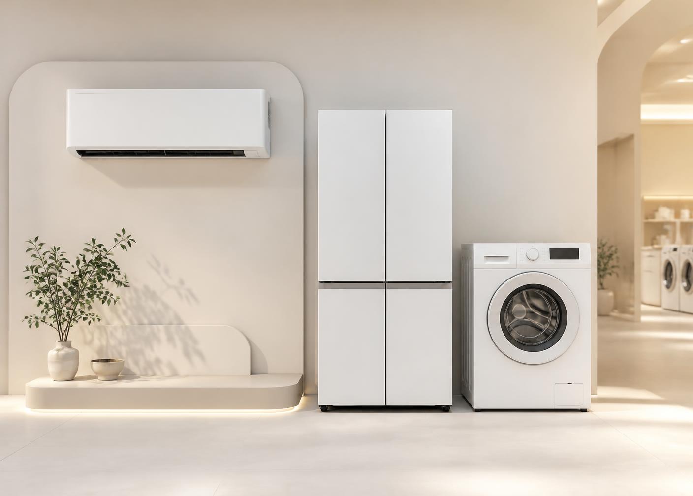 New air conditioner, refrigerator and washing machine on display