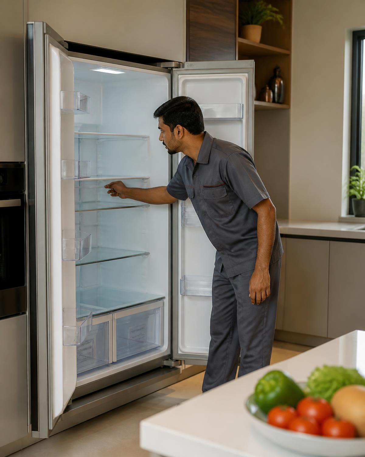 Technician checking the interior of a double-door refrigerator