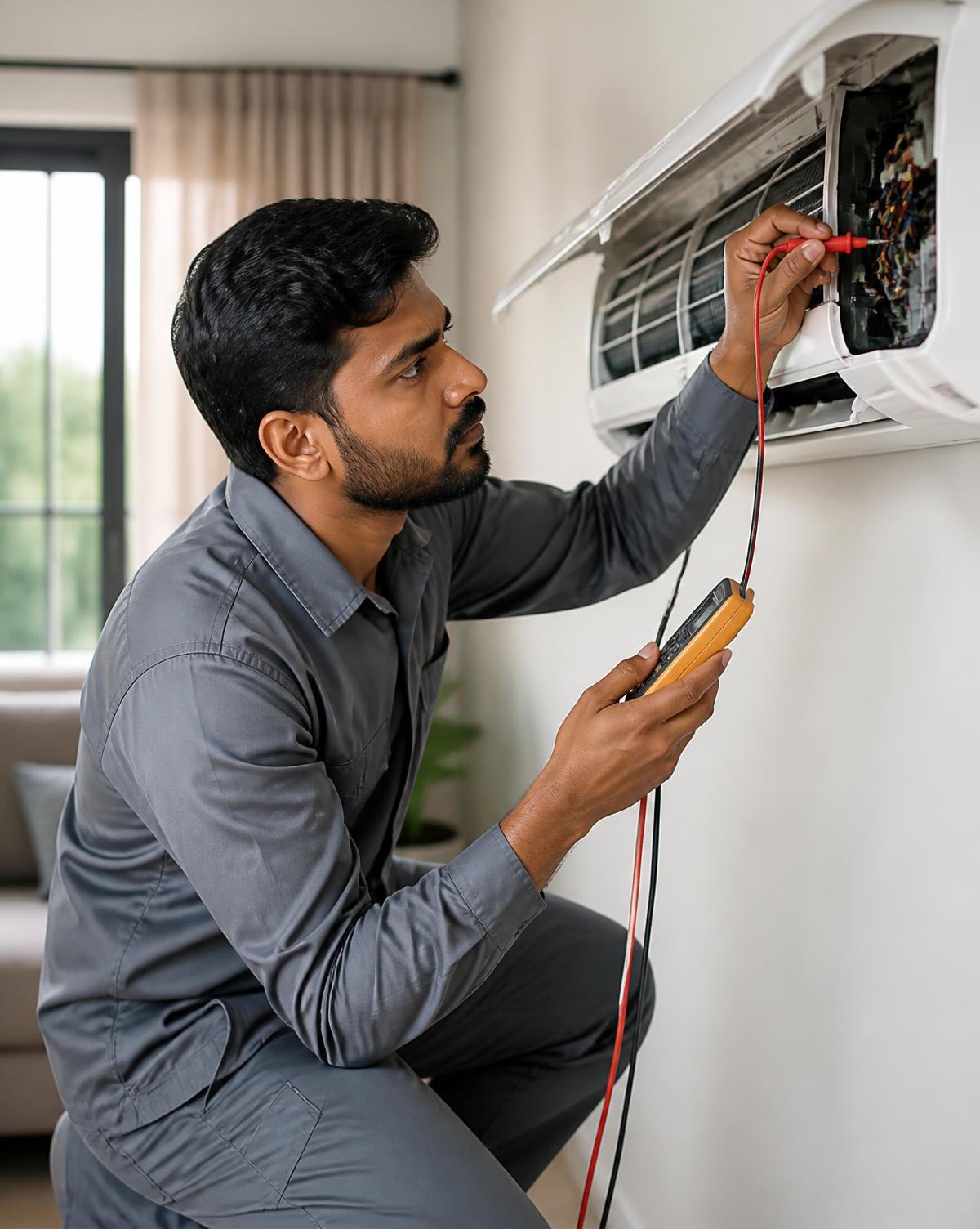 Air Genie technician measuring an air conditioner circuit with a multimeter