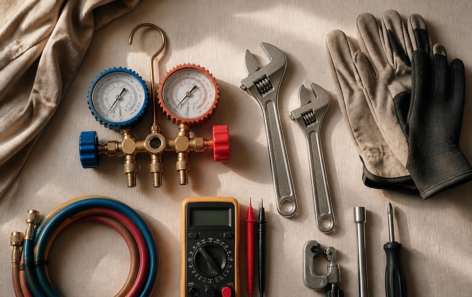 Professional air conditioning service tools arranged on a linen surface