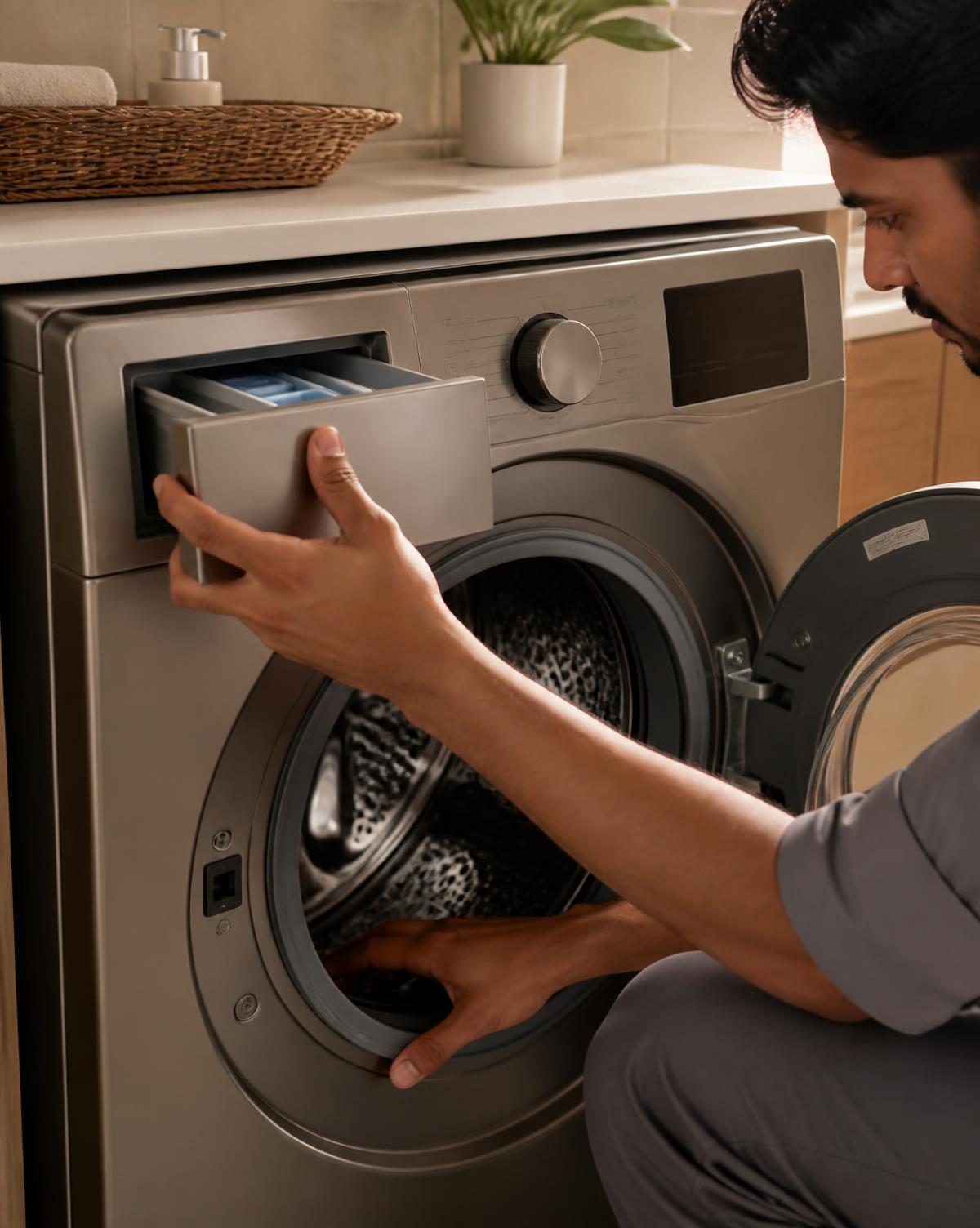 Technician inspecting a front-load washing machine drum